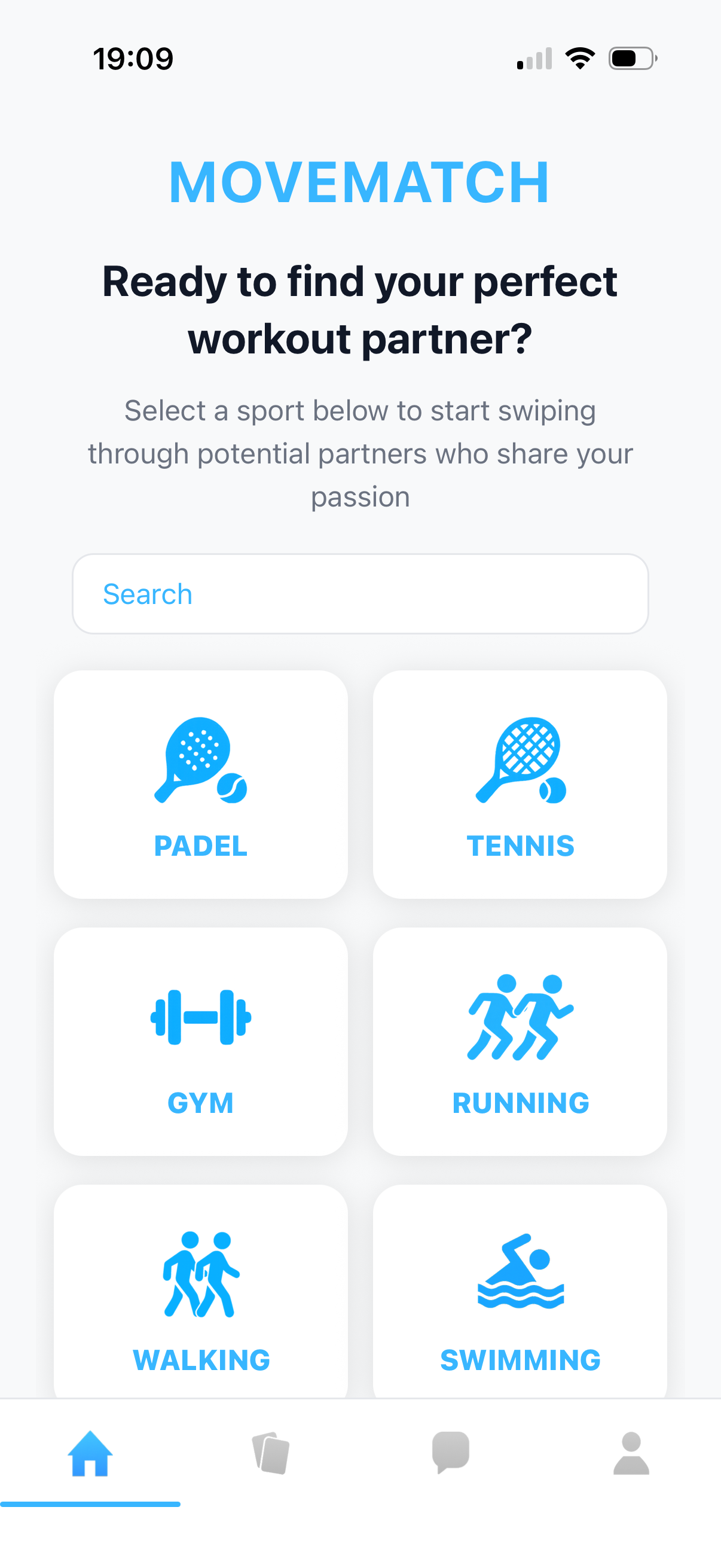 MoveMatch Sport Selection Screen